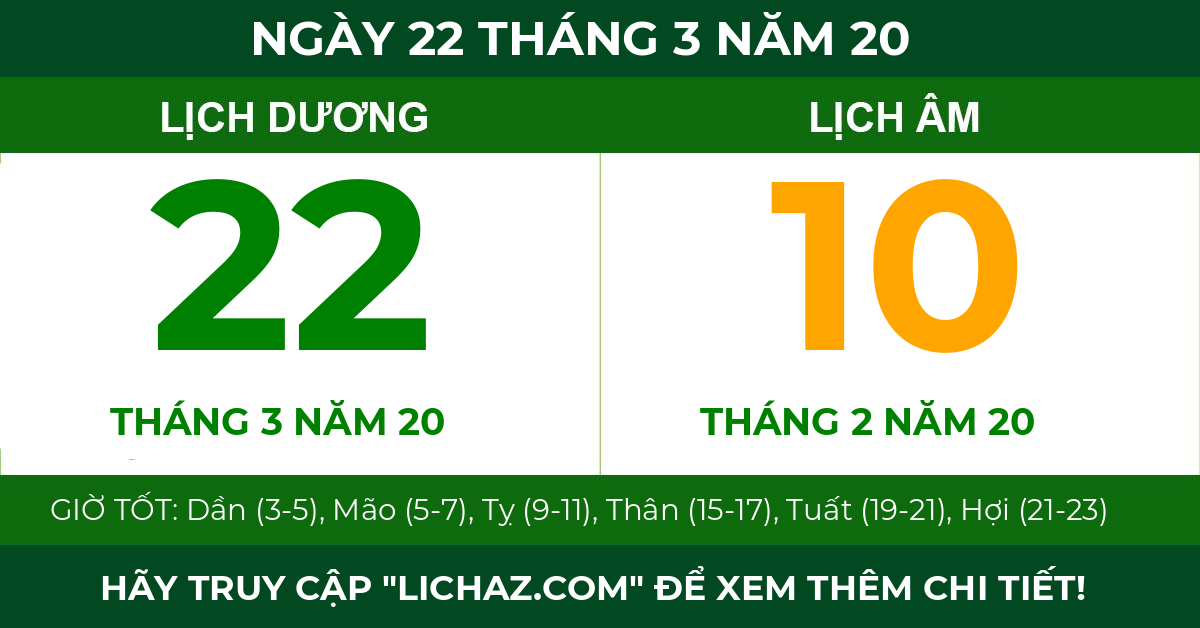 lịch âm ngày 22 tháng 3 năm 20