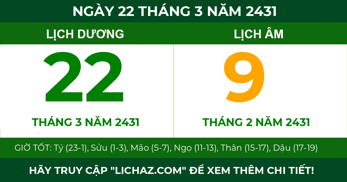 lịch âm ngày 22 tháng 3 năm 2431