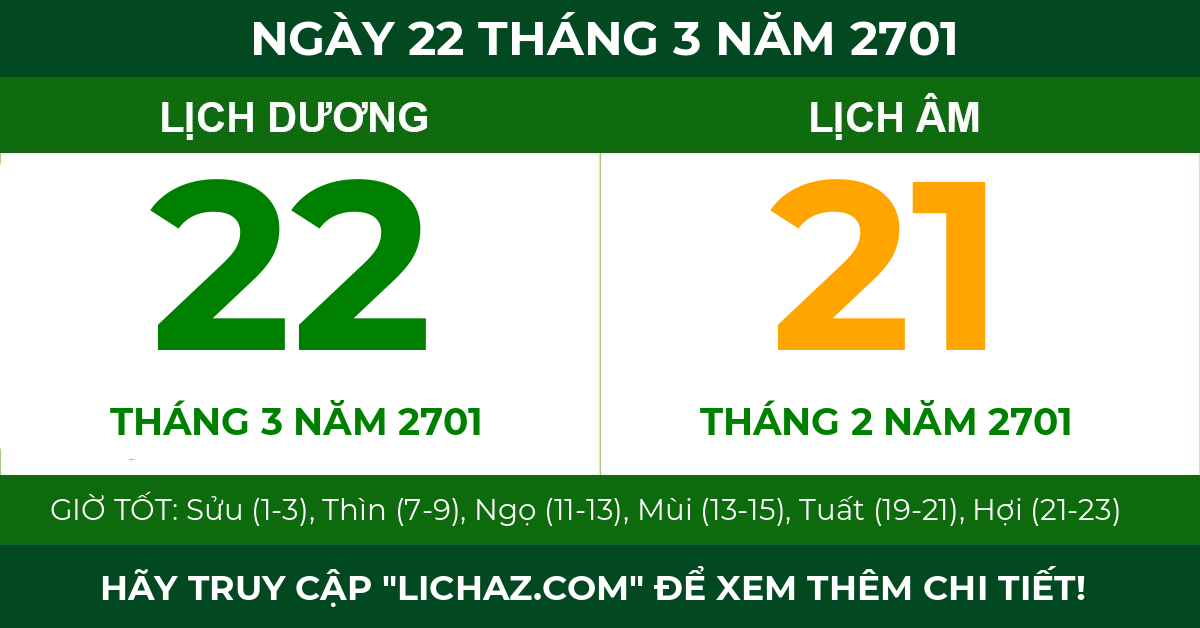 lịch âm ngày 22 tháng 3 năm 2701