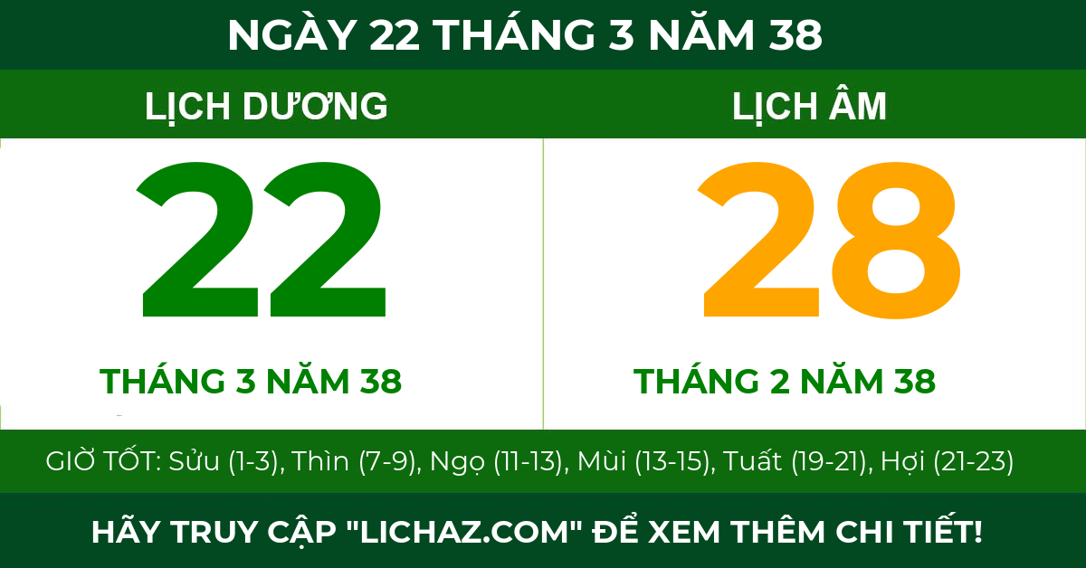 lịch âm ngày 22 tháng 3 năm 38