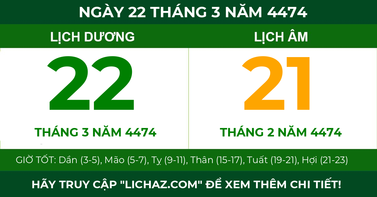 lịch âm ngày 22 tháng 3 năm 4474
