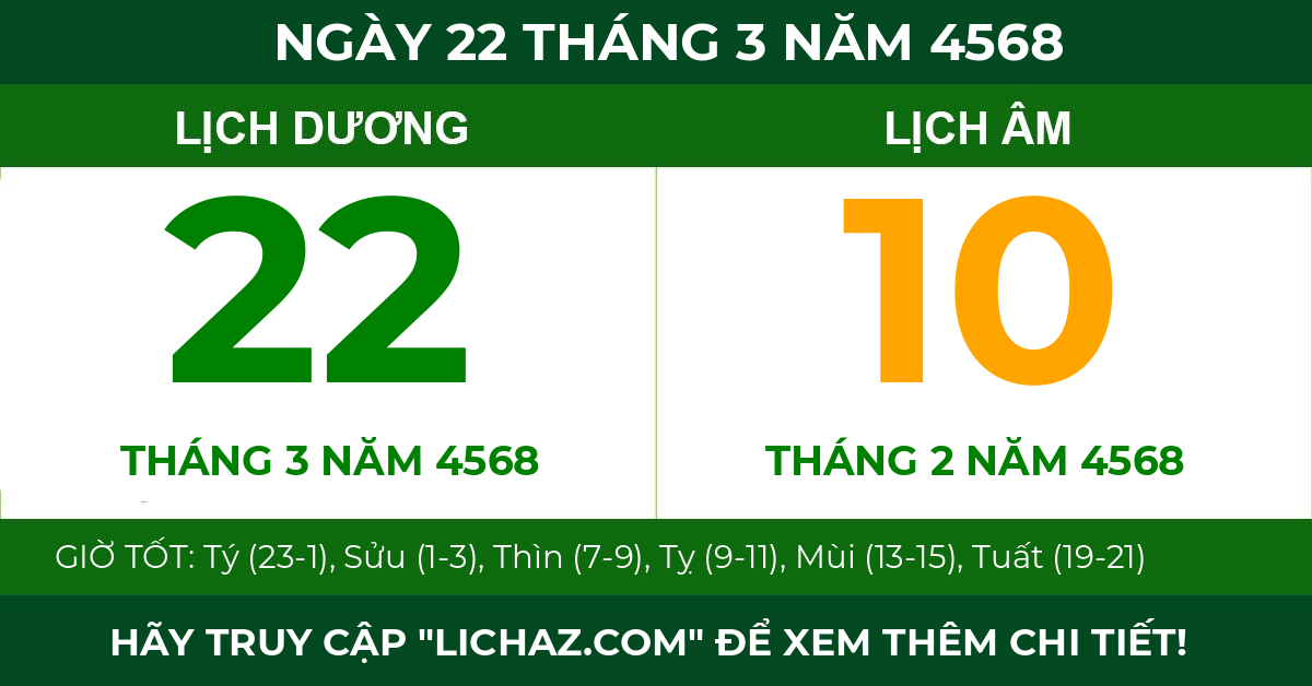 lịch âm ngày 22 tháng 3 năm 4568