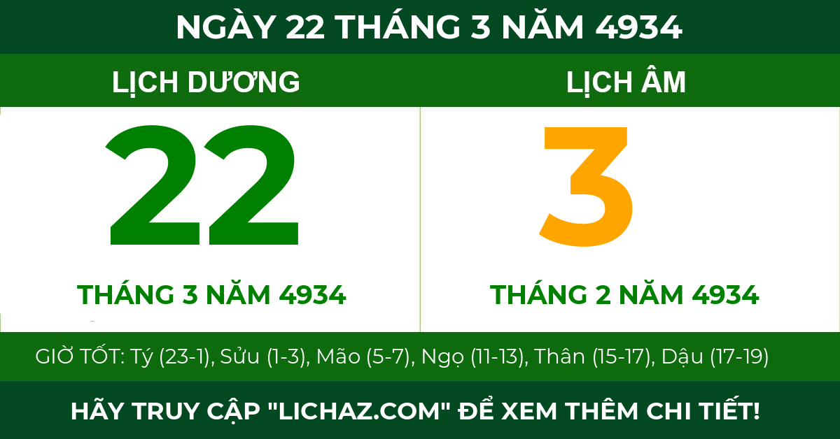 lịch âm ngày 22 tháng 3 năm 4934