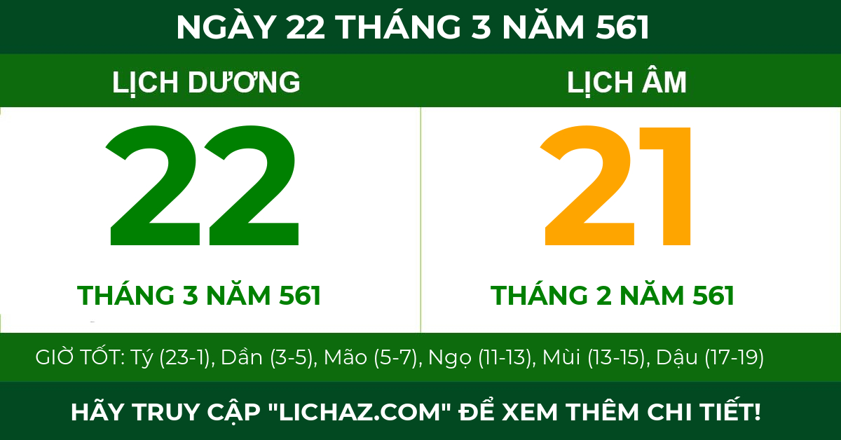 lịch âm ngày 22 tháng 3 năm 561