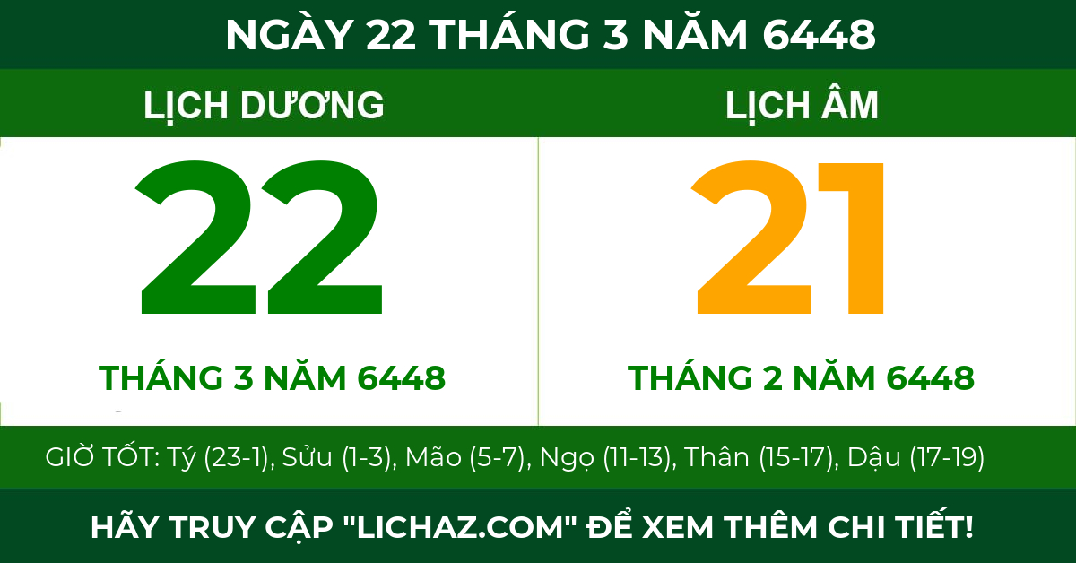 lịch âm ngày 22 tháng 3 năm 6448