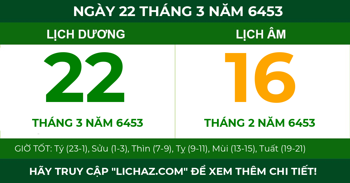 lịch âm ngày 22 tháng 3 năm 6453