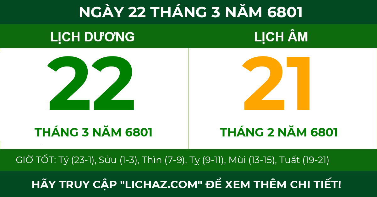 lịch âm ngày 22 tháng 3 năm 6801