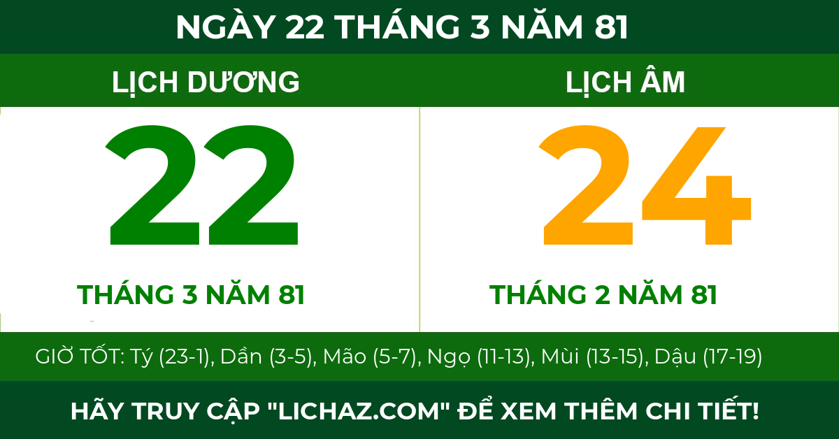 lịch âm ngày 22 tháng 3 năm 81
