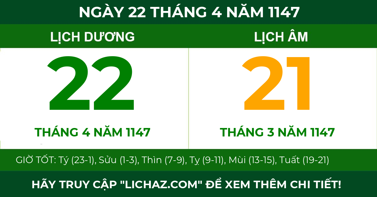 lịch âm ngày 22 tháng 4 năm 1147