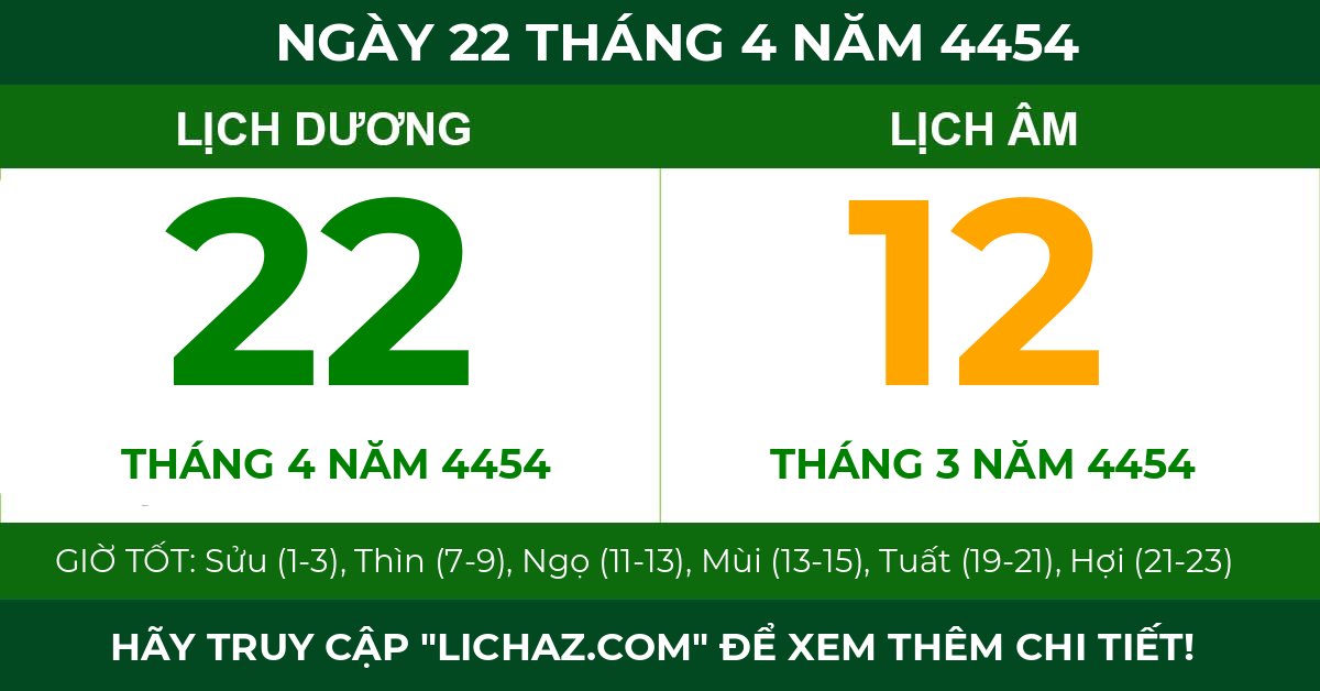 lịch âm ngày 22 tháng 4 năm 4454