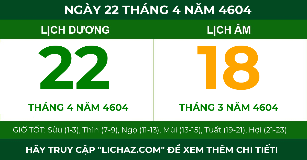 lịch âm ngày 22 tháng 4 năm 4604