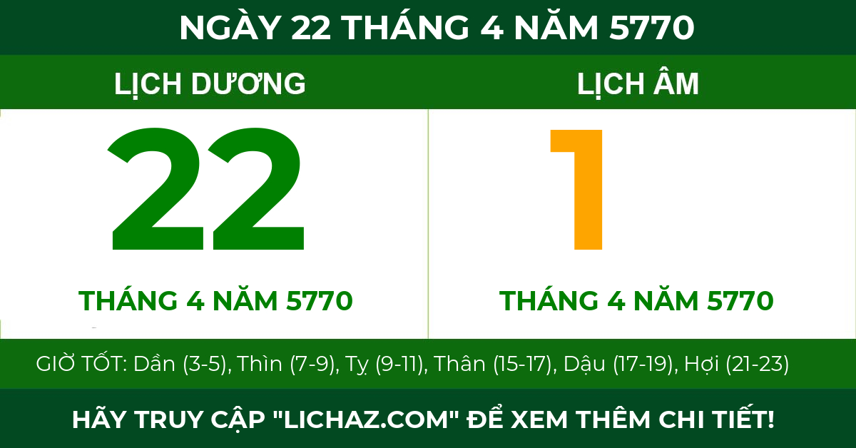 lịch âm ngày 22 tháng 4 năm 5770