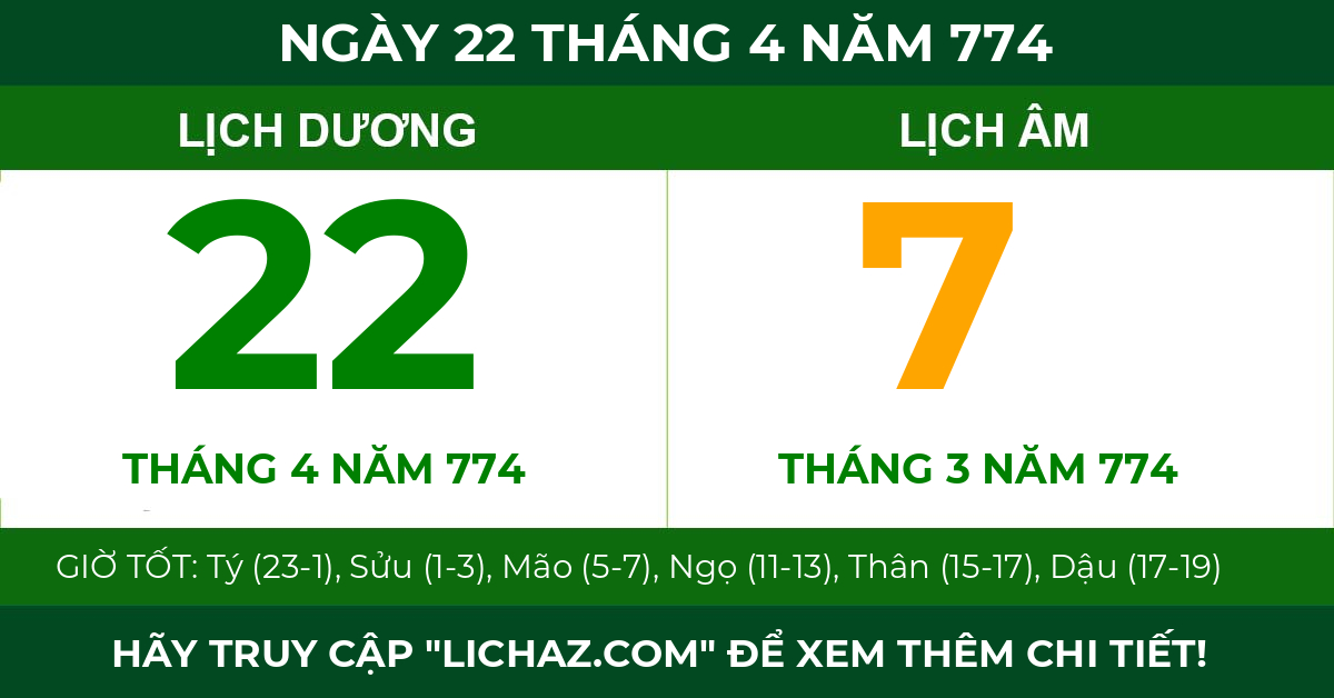 lịch âm ngày 22 tháng 4 năm 774