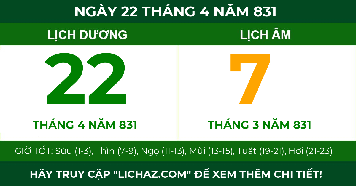 lịch âm ngày 22 tháng 4 năm 831