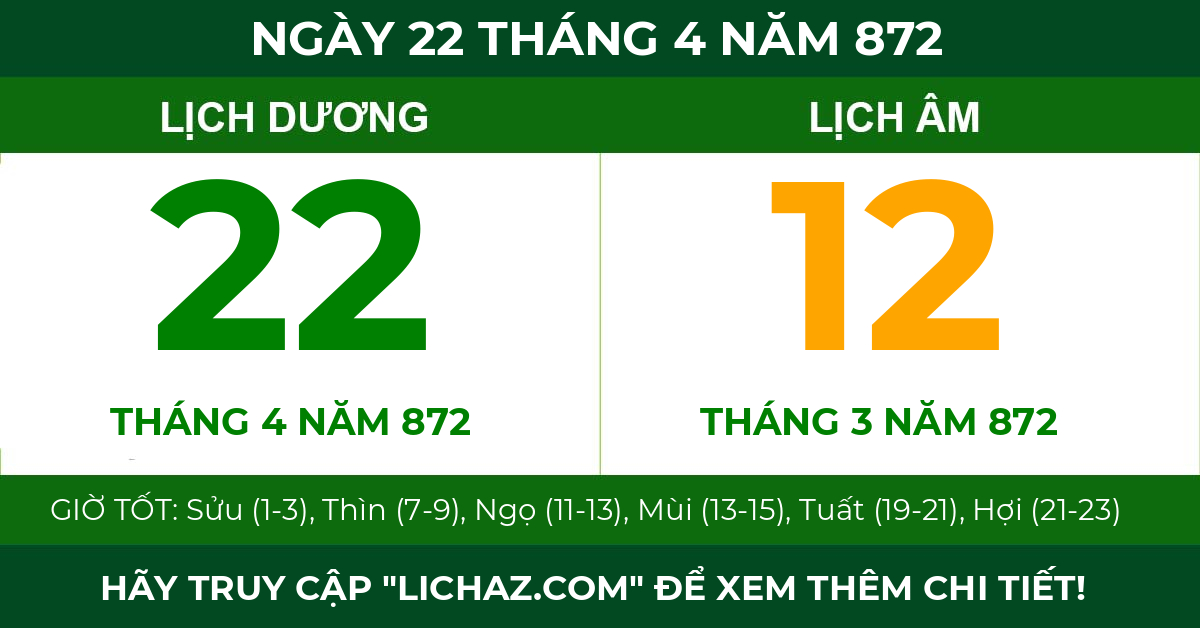 lịch âm ngày 22 tháng 4 năm 872