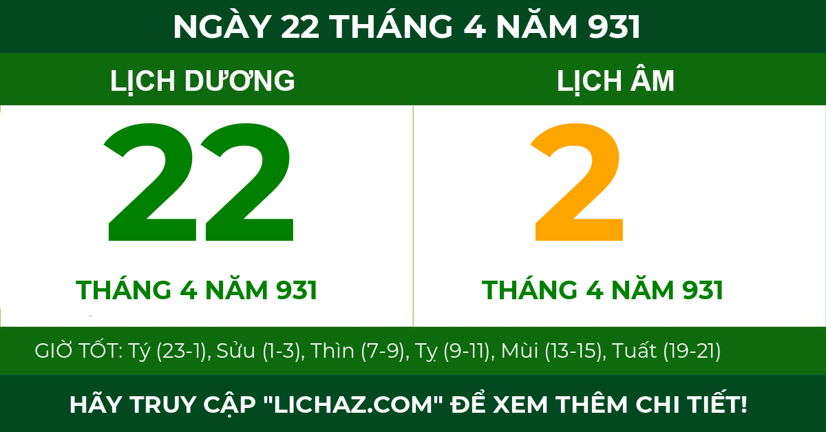 lịch âm ngày 22 tháng 4 năm 931