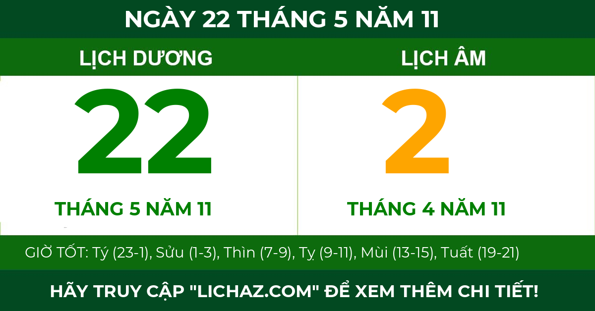 lịch âm ngày 22 tháng 5 năm 11