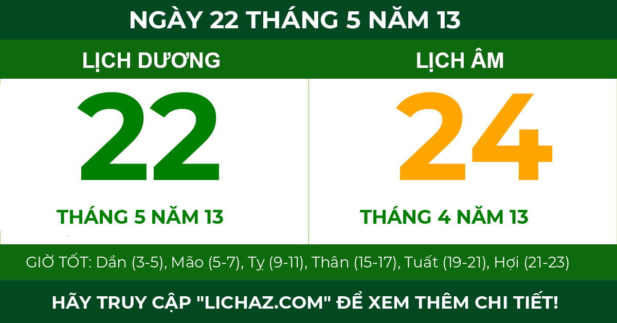 lịch âm ngày 22 tháng 5 năm 13