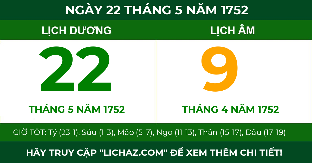 lịch âm ngày 22 tháng 5 năm 1752