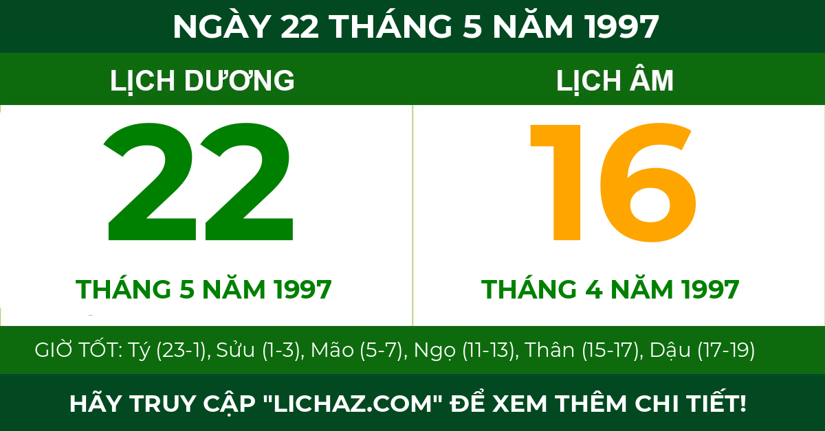 lịch âm ngày 22 tháng 5 năm 1997