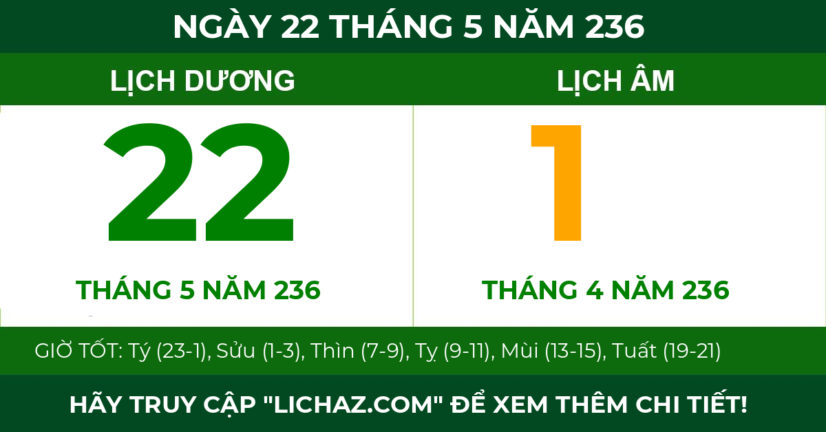 lịch âm ngày 22 tháng 5 năm 236