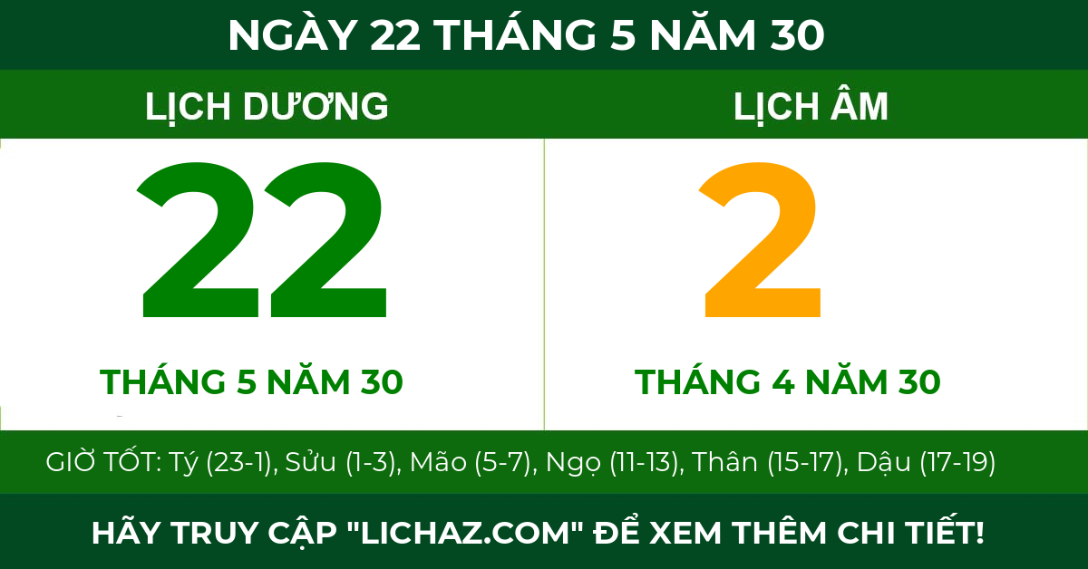 lịch âm ngày 22 tháng 5 năm 30