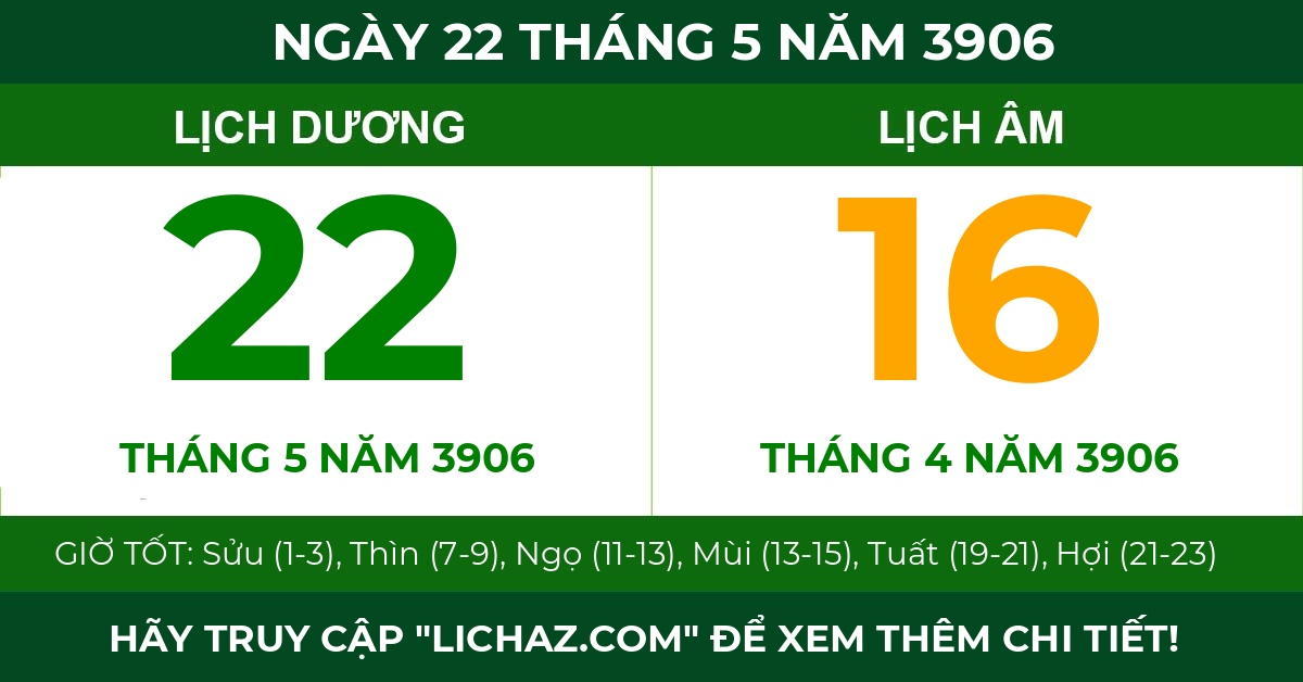lịch âm ngày 22 tháng 5 năm 3906