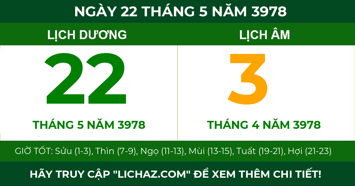lịch âm ngày 22 tháng 5 năm 3978