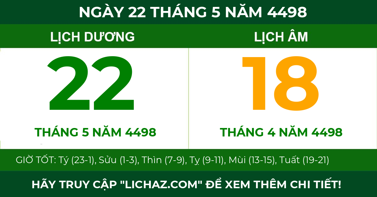 lịch âm ngày 22 tháng 5 năm 4498