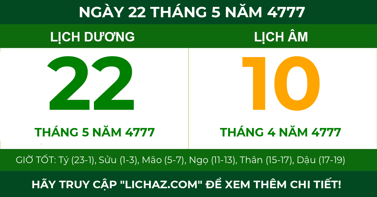 lịch âm ngày 22 tháng 5 năm 4777