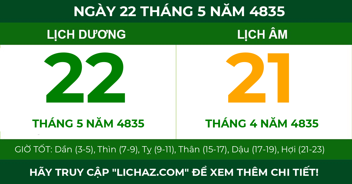 lịch âm ngày 22 tháng 5 năm 4835
