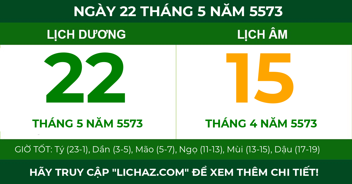 lịch âm ngày 22 tháng 5 năm 5573