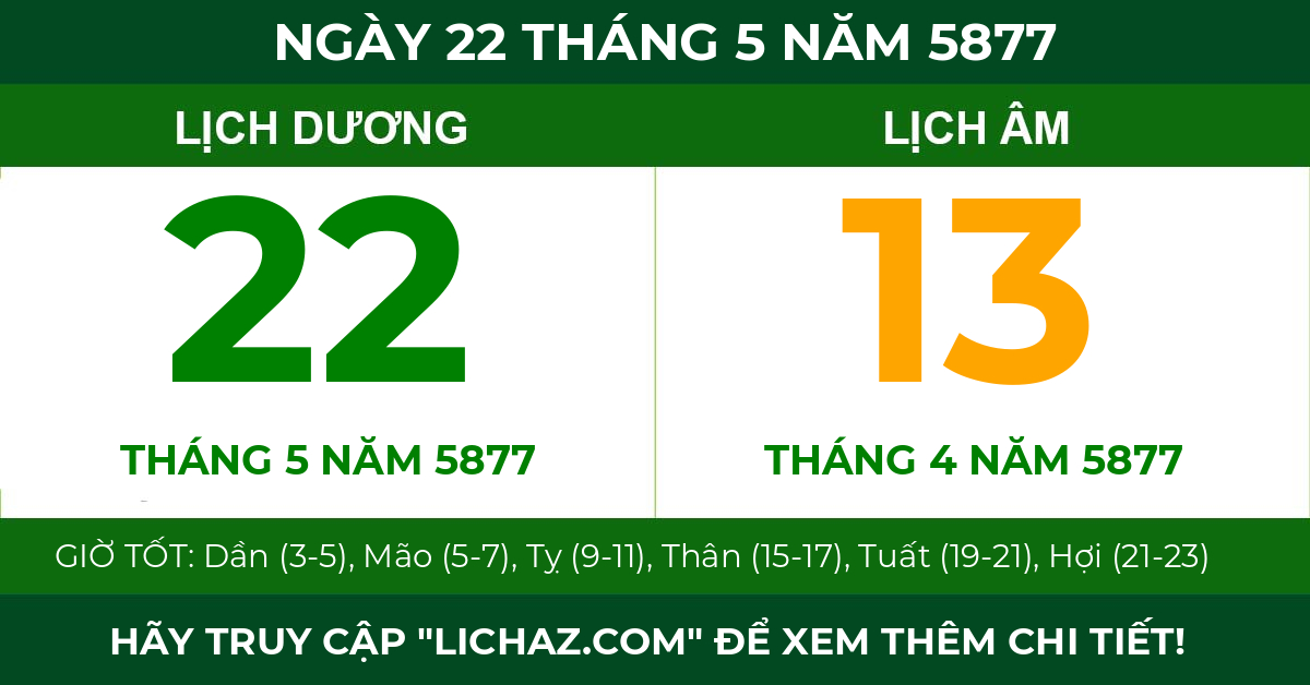 lịch âm ngày 22 tháng 5 năm 5877