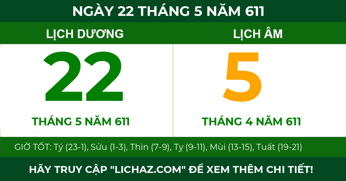 lịch âm ngày 22 tháng 5 năm 611