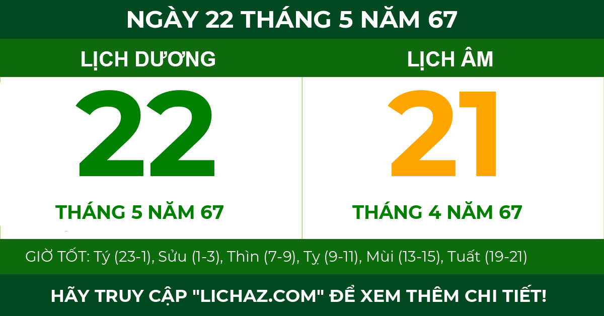 lịch âm ngày 22 tháng 5 năm 67