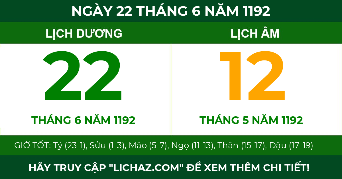 lịch âm ngày 22 tháng 6 năm 1192