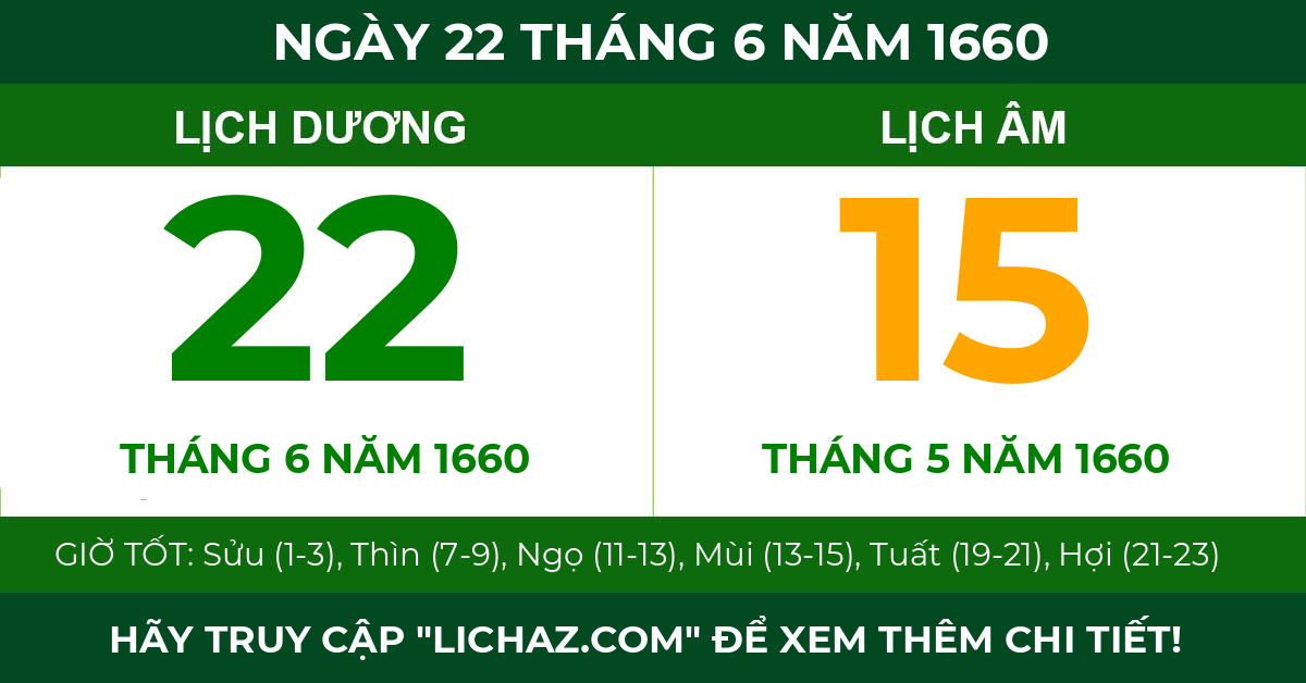 lịch âm ngày 22 tháng 6 năm 1660