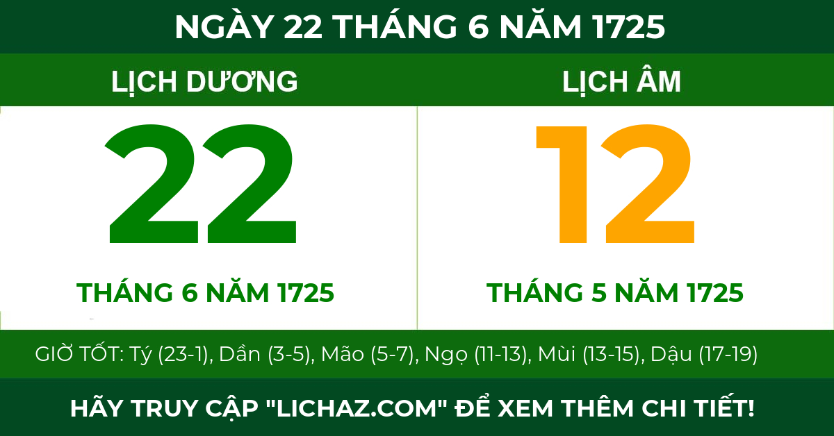 lịch âm ngày 22 tháng 6 năm 1725