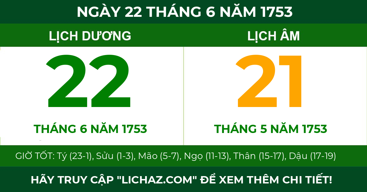 lịch âm ngày 22 tháng 6 năm 1753
