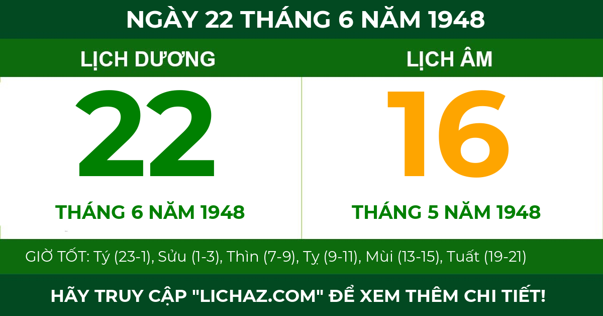 lịch âm ngày 22 tháng 6 năm 1948