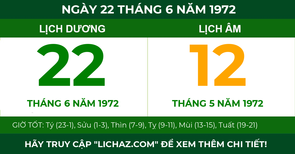 lịch âm ngày 22 tháng 6 năm 1972