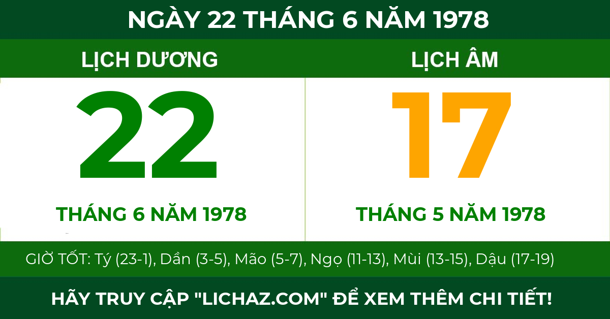 lịch âm ngày 22 tháng 6 năm 1978