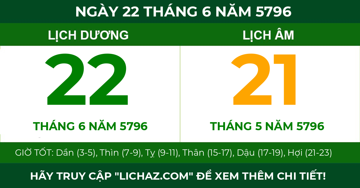 lịch âm ngày 22 tháng 6 năm 5796