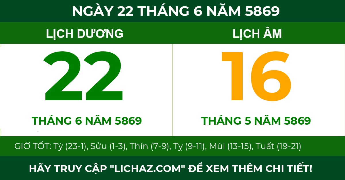 lịch âm ngày 22 tháng 6 năm 5869