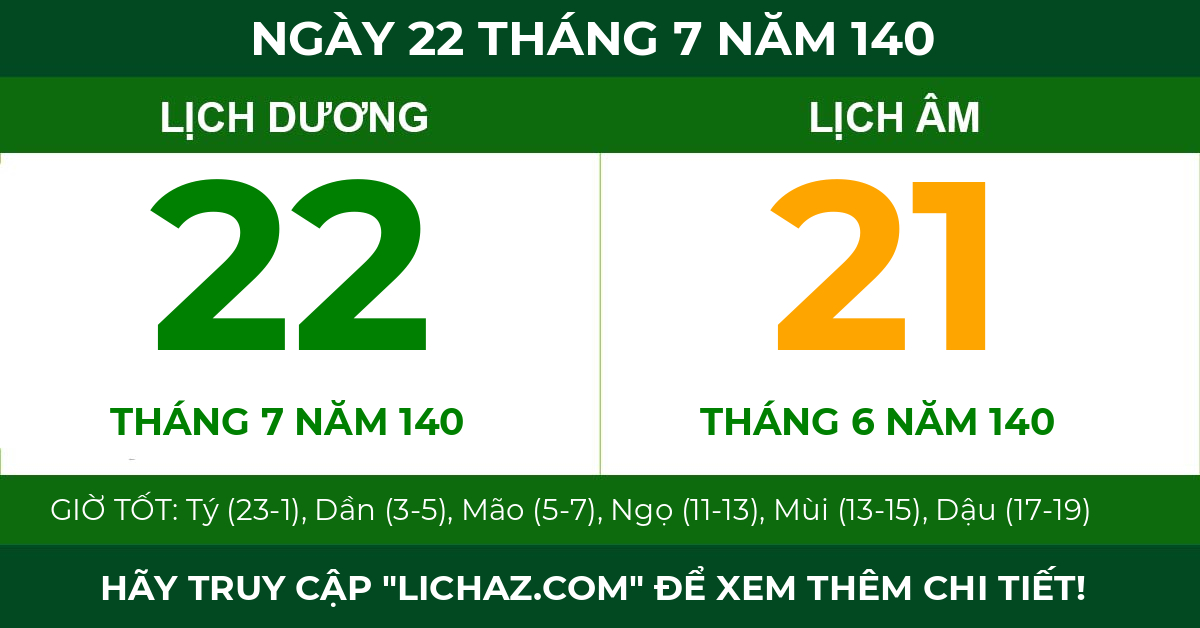 lịch âm ngày 22 tháng 7 năm 140