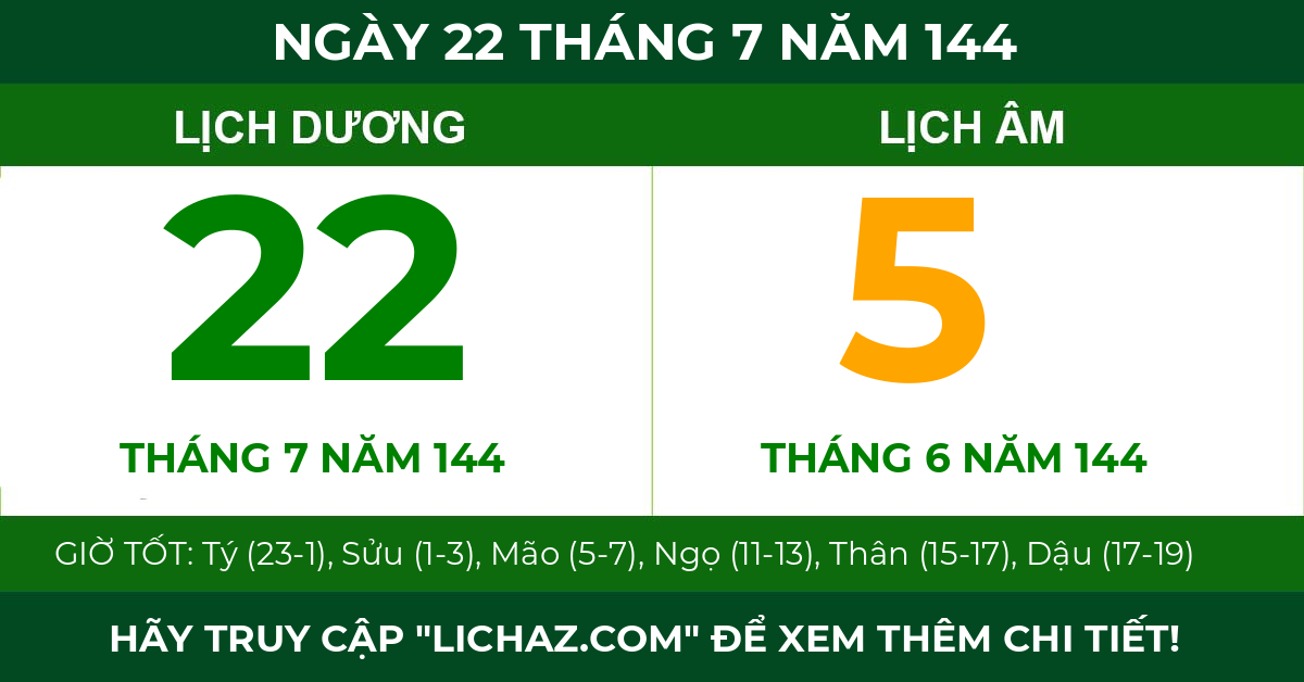 lịch âm ngày 22 tháng 7 năm 144