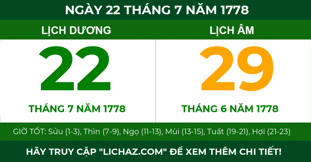 lịch âm ngày 22 tháng 7 năm 1778