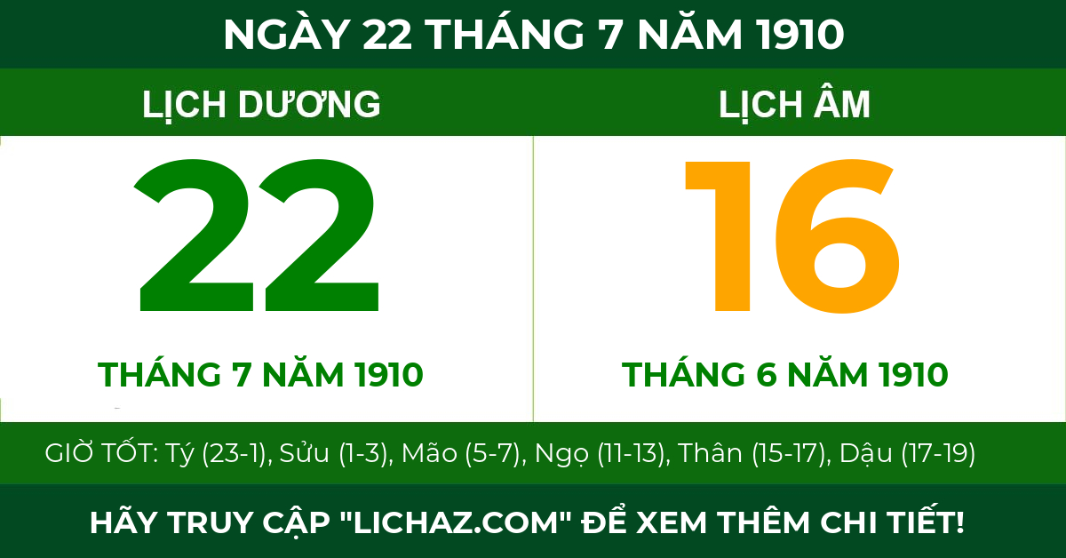 lịch âm ngày 22 tháng 7 năm 1910