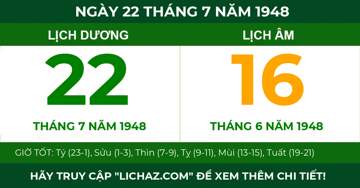 lịch âm ngày 22 tháng 7 năm 1948