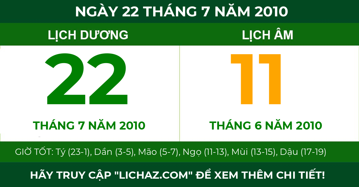 lịch âm ngày 22 tháng 7 năm 2010